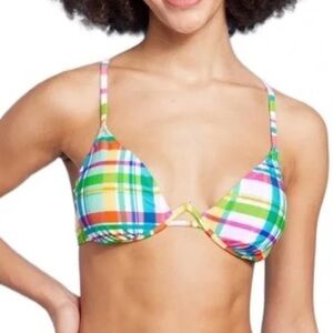 Wild Fable multi color plaid Underwire V Bikini Top‎ New Small